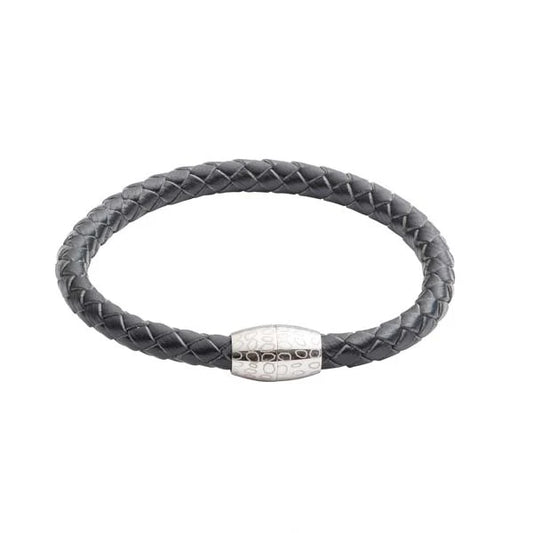 Black braided leather bracelet with a silver clasp on a white background