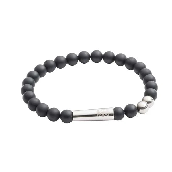 Black beaded bracelet with a silver clasp on a white background