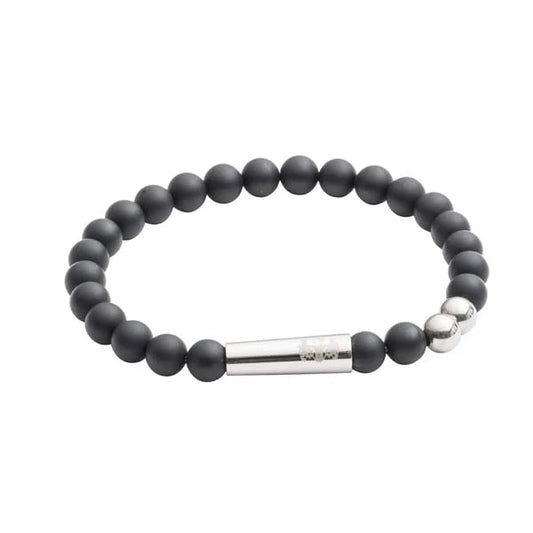 Black beaded bracelet with a silver clasp on a white background