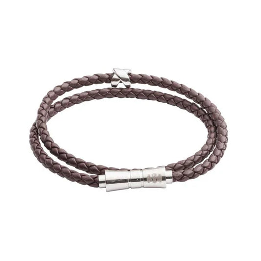 Brown braided leather bracelet with silver clasp on a white background