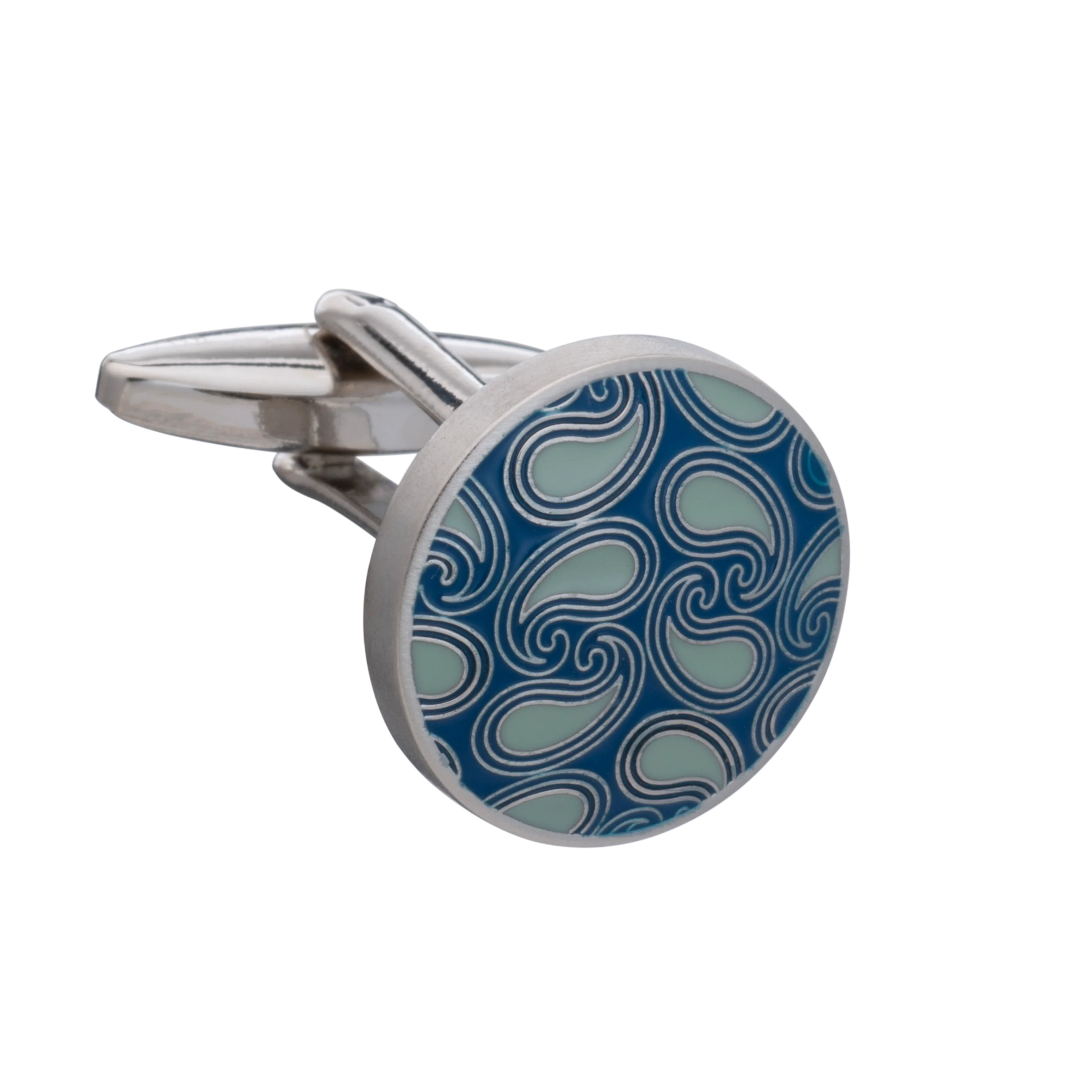 Cufflink with blue and silver paisley pattern on a white background