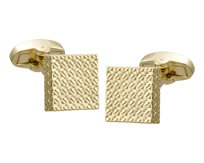 Gold square cufflinks with textured surface on a white background