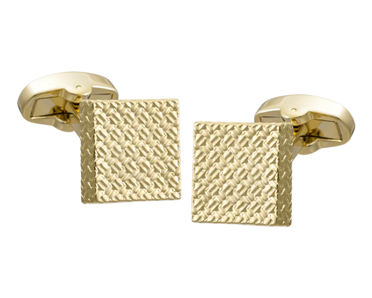 Gold square cufflinks with textured surface on a white background