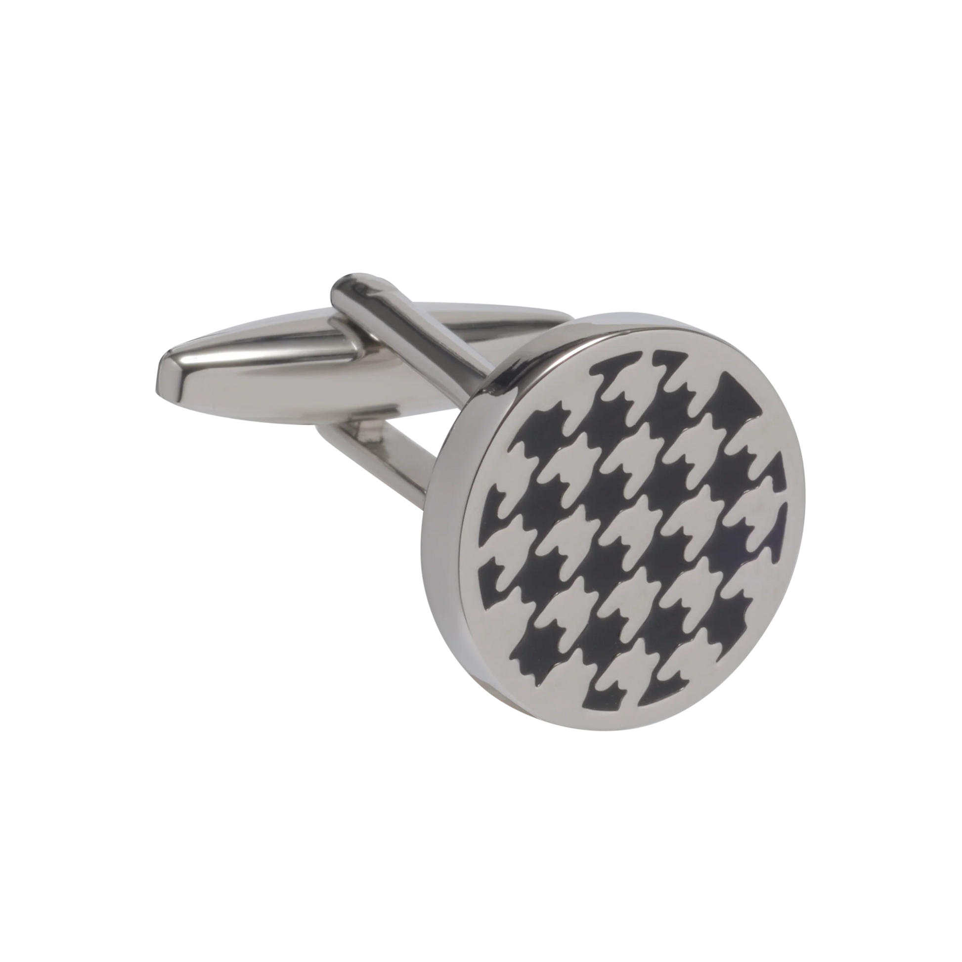 round black houndstooth cufflink on white background
