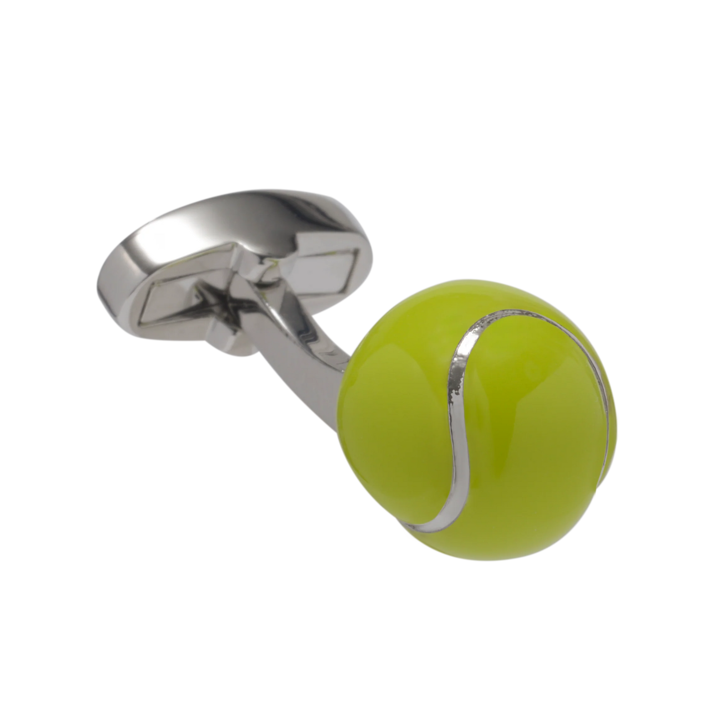 Cufflinks with a green ball and silver clasp on a white background