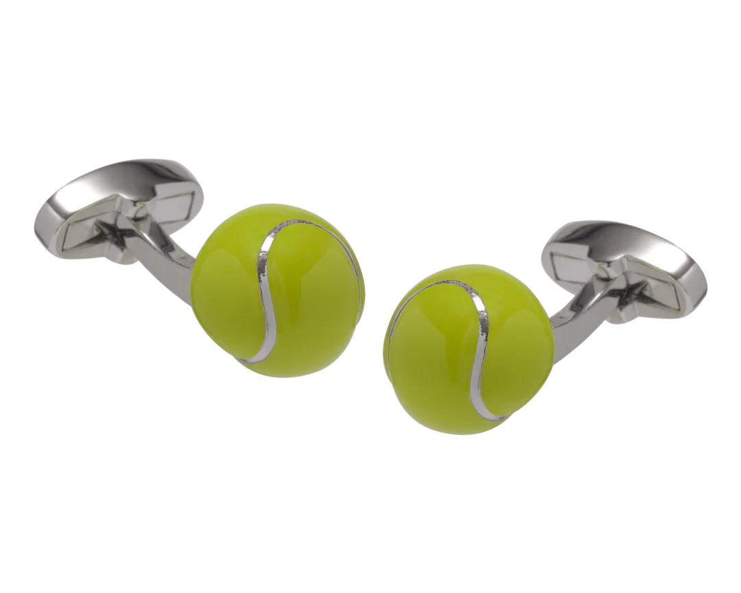 Tennis ball cufflinks with silver accents on a white background