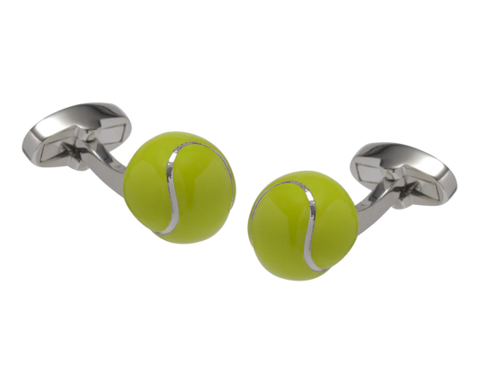 Tennis ball cufflinks with silver accents on a white background
