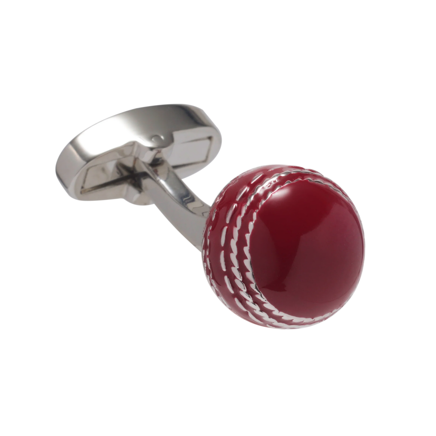 Cufflinks with a red and white cricket ball design on a white background