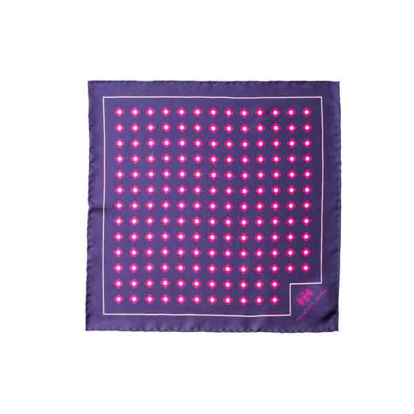 Purple square scarf with pink polka dots on a white background
