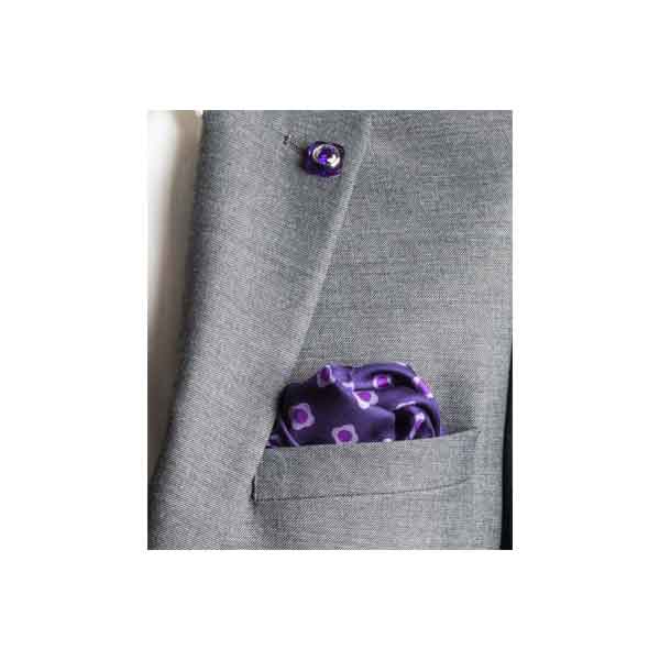 Gray suit jacket with a purple pocket square and button on a white background