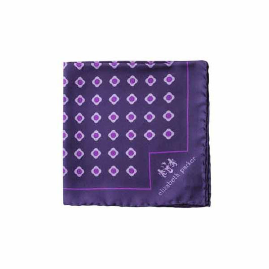 Purple pocket square with a geometric pattern and 'elizabeth parker' branding on a white background
