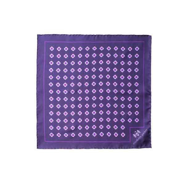 Purple square scarf with white geometric pattern on a white background