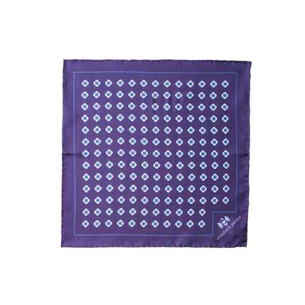 Purple square scarf with white geometric pattern on a white background