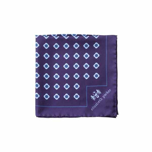Purple pocket square with white geometric pattern and 'elizabeth parker' branding on a white background