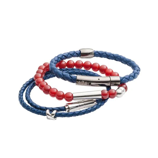 Two braided bracelets with red beads and silver clasps on a white background