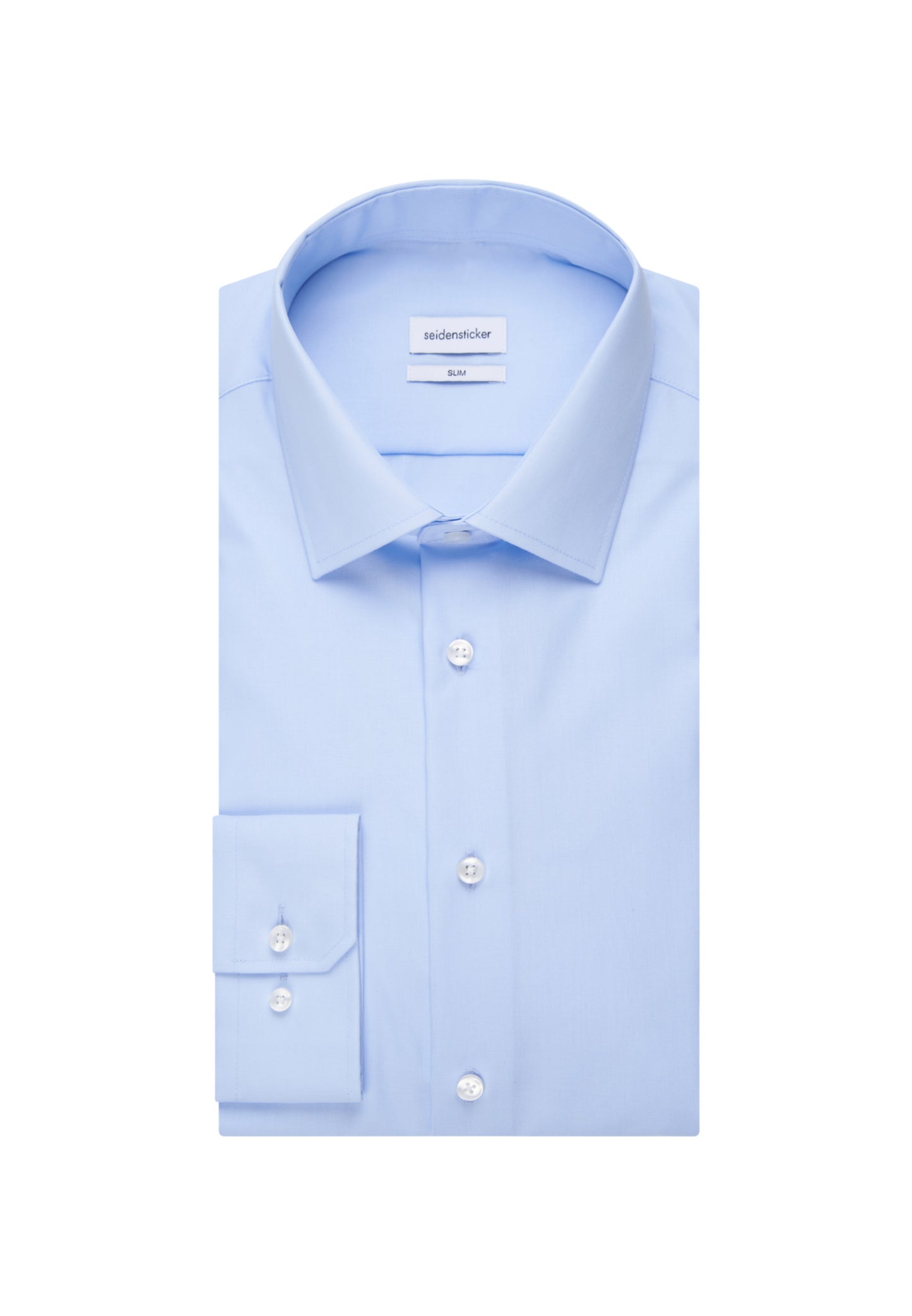 Sky blue dress shirt with a collar label on a white background
