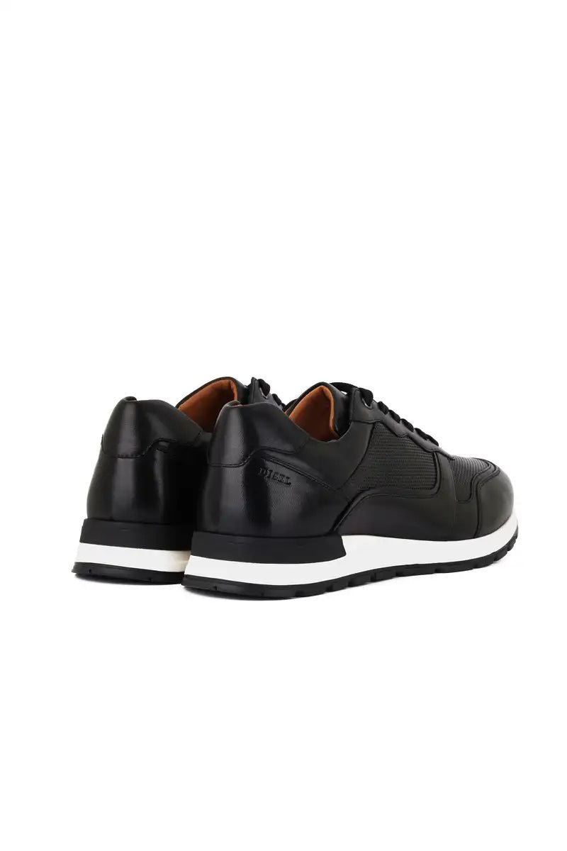 rear view black leather trainer shoes on white background
