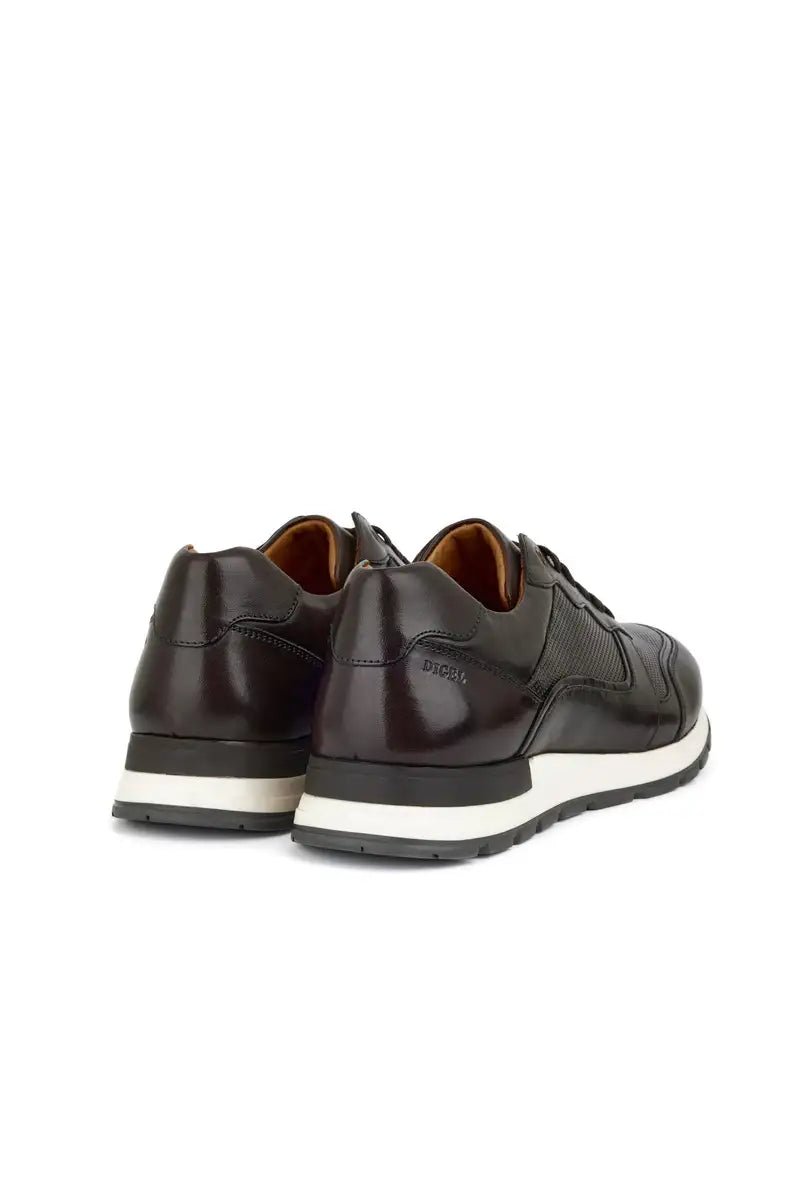 rear view dark brown leather trainer shoe on white background