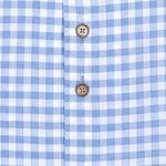 Blue and white checkered shirt with buttons on a plain background