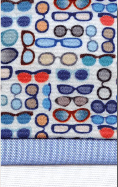 Patterned fabric with colorful sunglasses design on a white background