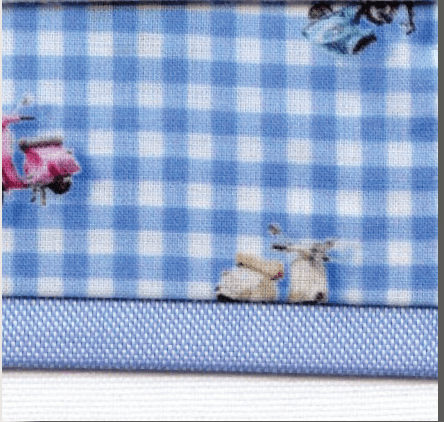 Blue and white checkered fabric with scooter print