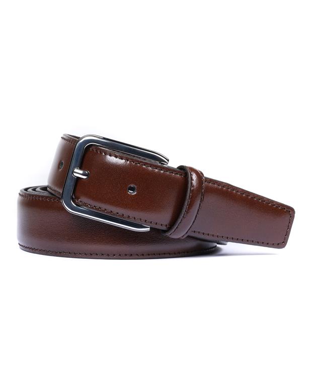 Brown leather belt with a black buckle on a white background