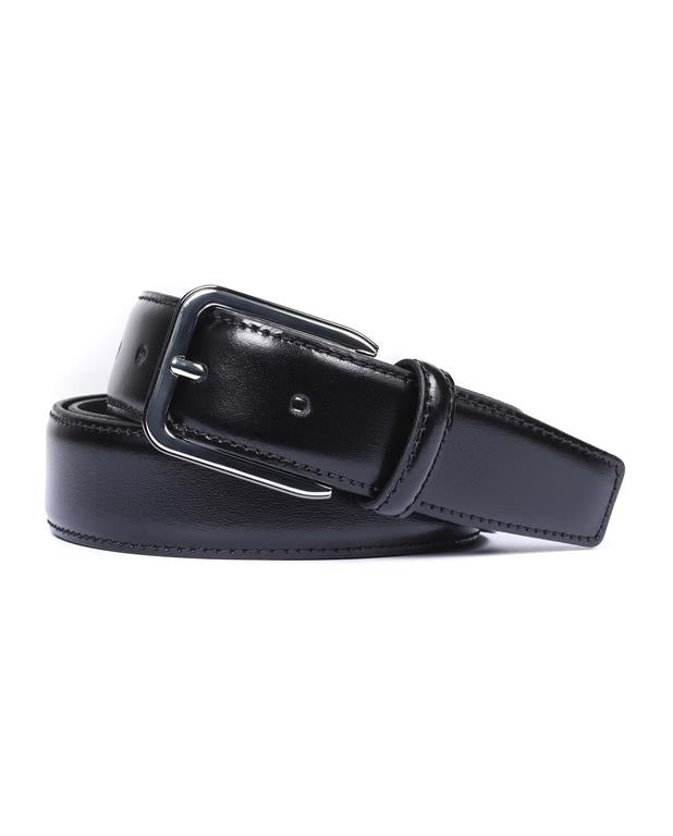 Black leather belt with a silver buckle on a white background