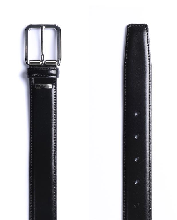 Black leather belt with silver buckle on a white background