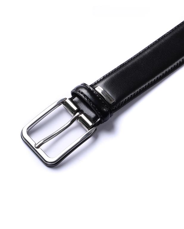 Black leather belt with silver buckle on a white background