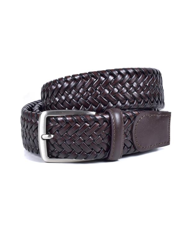 Brown woven leather belt with a silver buckle on a white background
