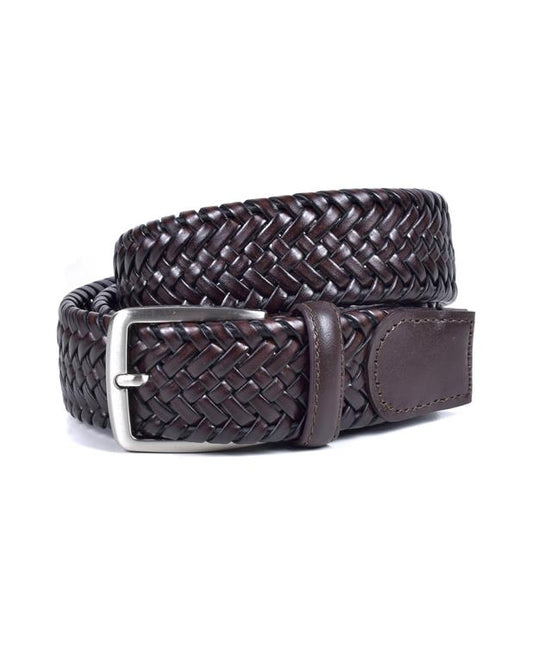 Brown woven leather belt with a silver buckle on a white background