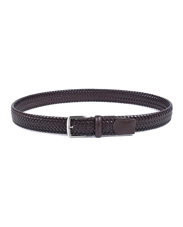 Brown woven belt with a silver buckle on a white background
