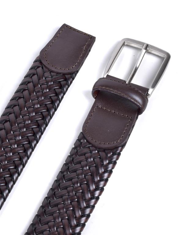 Brown woven belt with a silver buckle on a white background