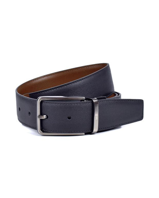 Black leather belt with a silver buckle on a white background