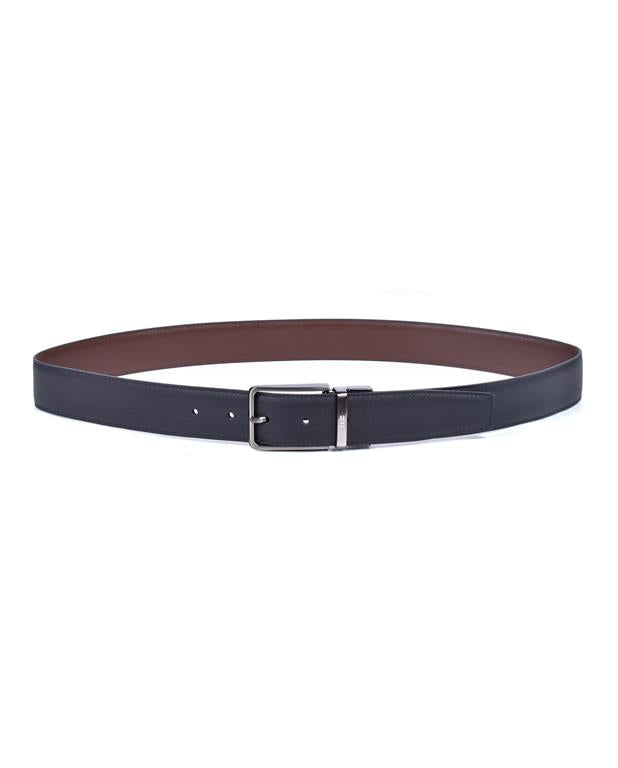 Black leather belt with a silver buckle on a white background