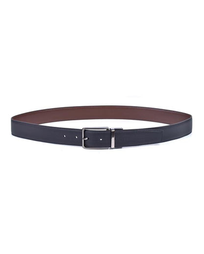 Black leather belt with a silver buckle on a white background
