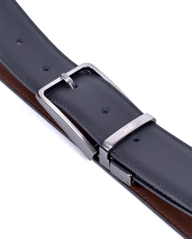 Black leather belt with a silver buckle on a white background