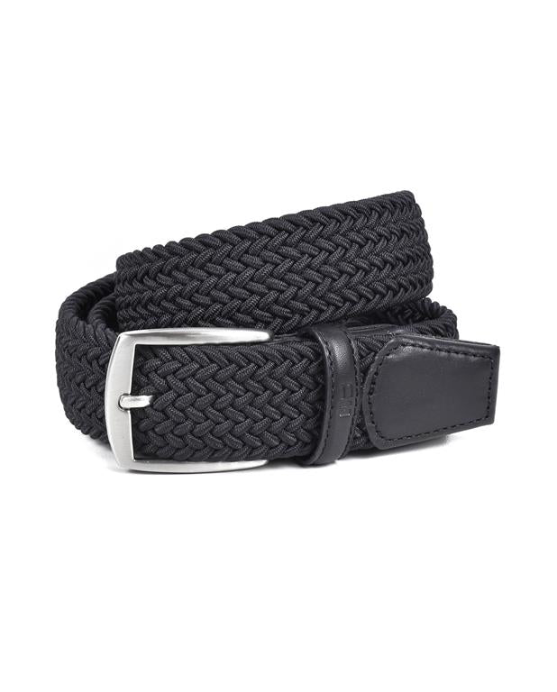 Black braided belt with a silver buckle on a white background