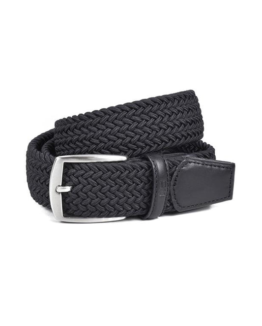 Black braided belt with a silver buckle on a white background