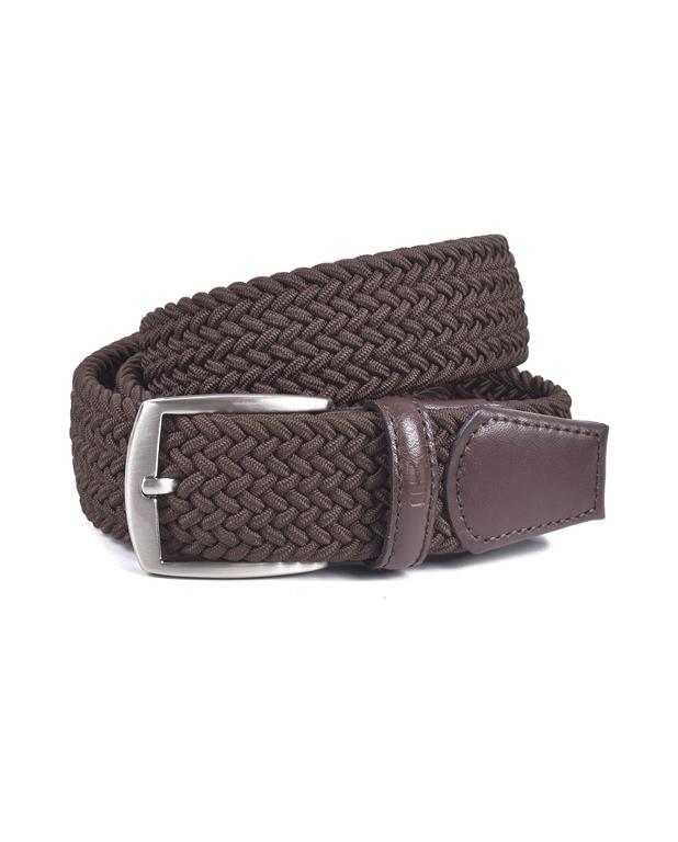 Brown woven belt with a silver buckle on a white background