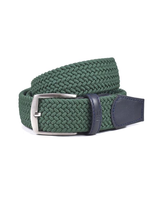 Green braided belt with a silver buckle on a white background
