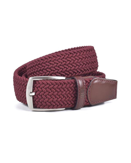 Braided burgundy belt with a silver buckle on a white background