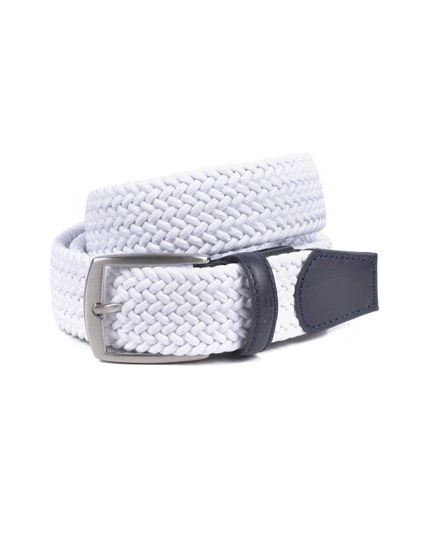 White woven belt with a silver buckle on a white background