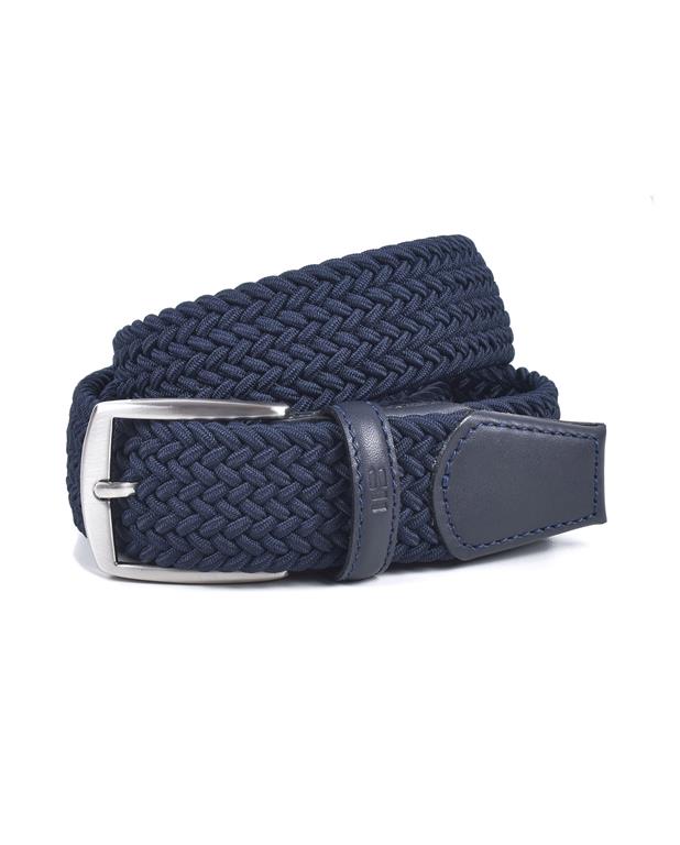 Navy blue woven belt with a silver buckle on a white background