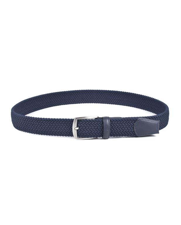 Navy blue elastic belt with a silver buckle on a white background