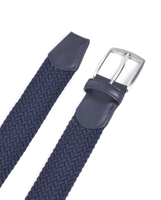 Navy blue woven belt with a silver buckle on a white background