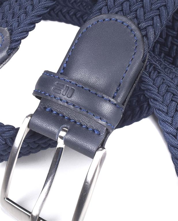 Close-up of a blue braided belt with a silver buckle on a white background