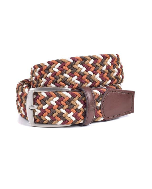 Brown Mix woven belt with a silver buckle and brown leather strap on a white background