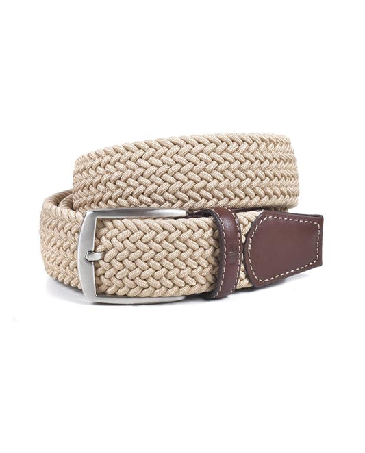 Beige woven belt with a silver buckle and brown leather strap on a white background