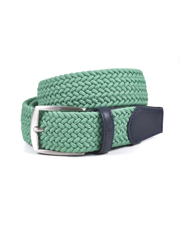 Lime Green  woven belt with a silver buckle and brown leather strap on a white background